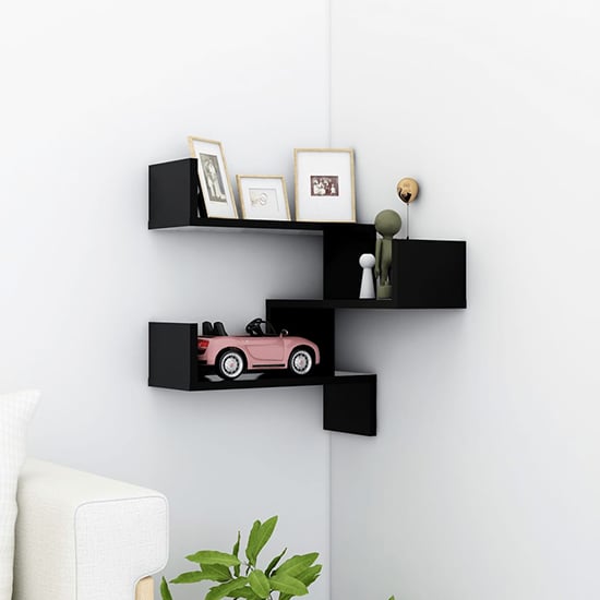 Tasya Wooden Corner Wall Shelf In Black