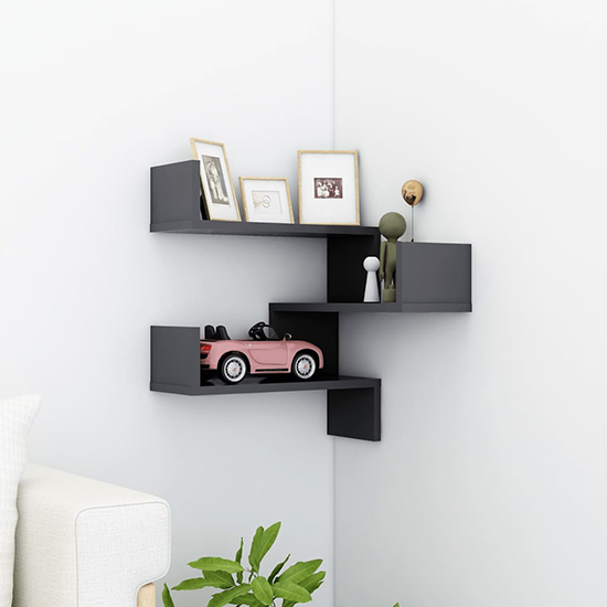 Tasya Wooden Corner Wall Shelf In Grey