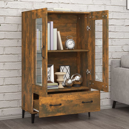 Taszi Wooden Highboard With 2 Doors 1 Drawers In Smoked Oak
