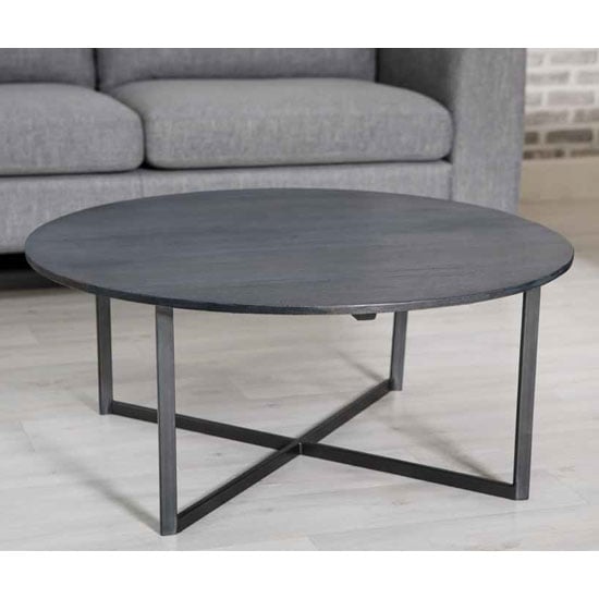 Tate Wooden Round Coffee Table In Grey With Steel Frame Furniture in