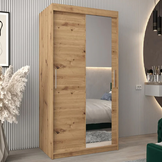 Product photograph of Tavira Ii Mirrored Wardrobe 2 Sliding Doors 100cm In Artisan Oak from Furniture in Fashion
