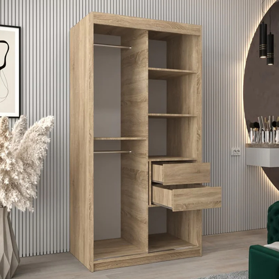 Tavira II Mirrored Wardrobe 2 Sliding Doors 100cm In Sonoma Oak