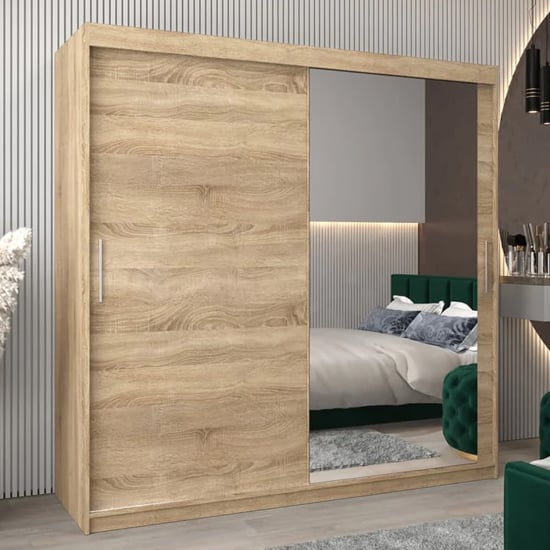 Product photograph of Tavira Ii Mirrored Wardrobe 2 Sliding Doors 200cm In Sonoma Oak from Furniture in Fashion