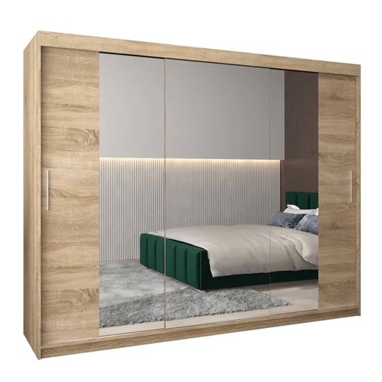 Tavira II Mirrored Wardrobe 3 Sliding Doors 250cm In Sonoma Oak
