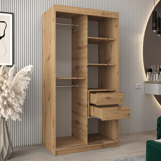 Tavira III Mirrored Wardrobe 2 Sliding Doors 100cm In Artisan Oak
