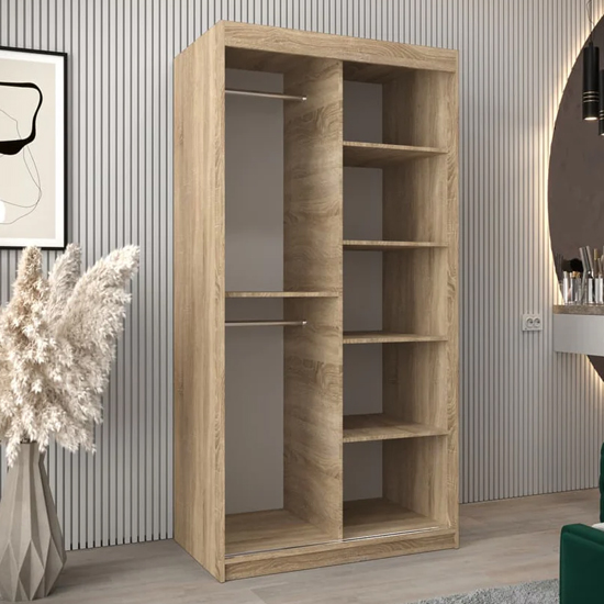 Tavira III Mirrored Wardrobe 2 Sliding Doors 100cm In Sonoma Oak
