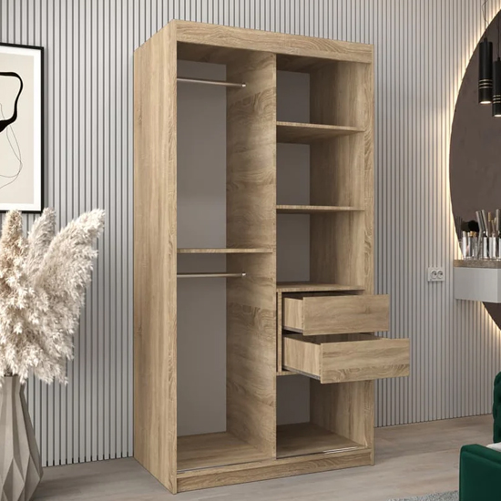Tavira III Mirrored Wardrobe 2 Sliding Doors 100cm In Sonoma Oak