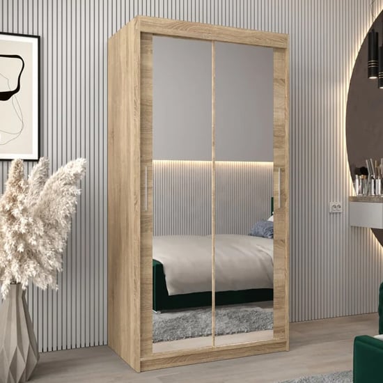 Product photograph of Tavira Iii Mirrored Wardrobe 2 Sliding Doors 100cm In Sonoma Oak from Furniture in Fashion