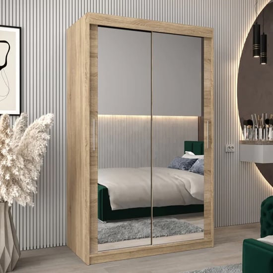 Product photograph of Tavira Iii Mirrored Wardrobe 2 Sliding Doors 120cm In Sonoma Oak from Furniture in Fashion