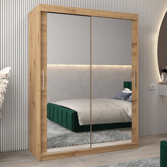 Product photograph of Tavira Iii Mirrored Wardrobe 2 Sliding Doors 150cm In Artisan Oak from Furniture in Fashion