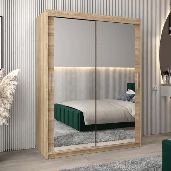 Product photograph of Tavira Iii Mirrored Wardrobe 2 Sliding Doors 150cm In Sonoma Oak from Furniture in Fashion