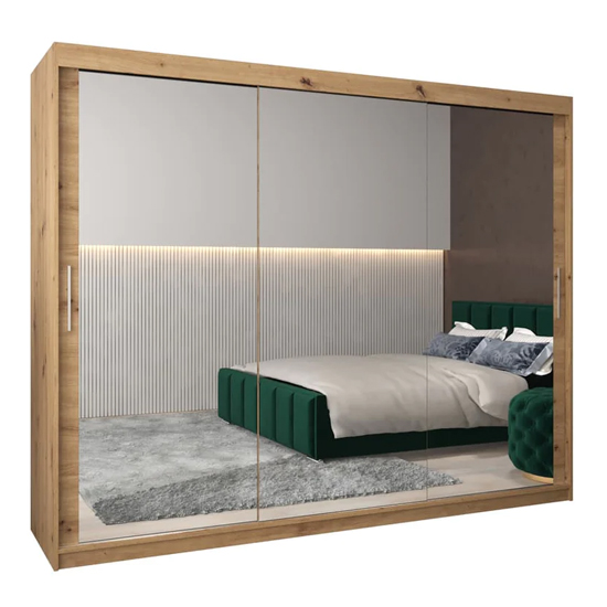 Tavira III Mirrored Wardrobe 3 Sliding Doors 250cm In Artisan Oak
