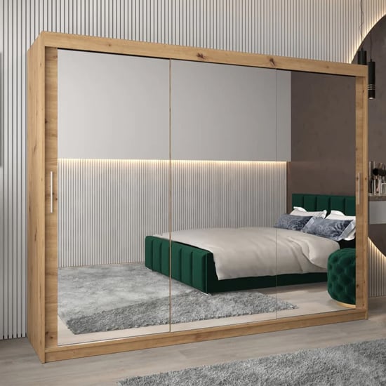Product photograph of Tavira Iii Mirrored Wardrobe 3 Sliding Doors 250cm In Artisan Oak from Furniture in Fashion