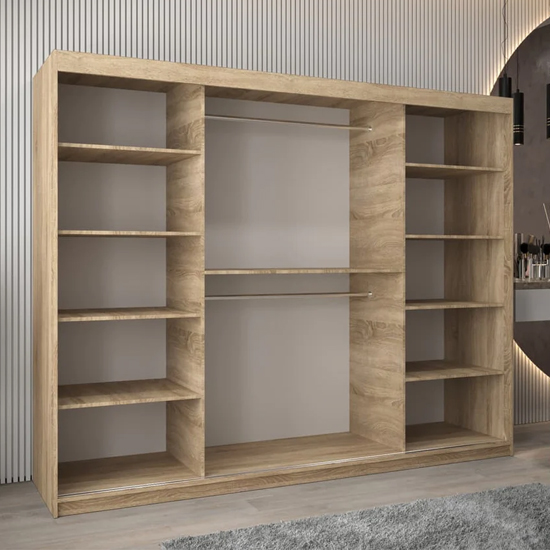 Tavira III Mirrored Wardrobe 3 Sliding Doors 250cm In Sonoma Oak