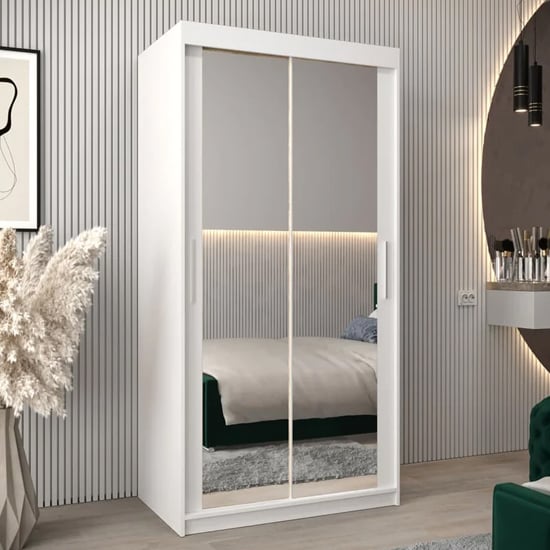 Product photograph of Tavira Iii Mirrored Wardrobe 2 Sliding Doors 100cm In White from Furniture in Fashion