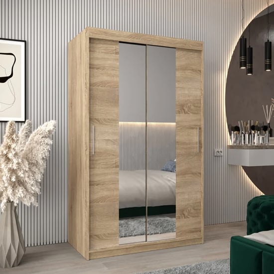 Product photograph of Tavira I Mirrored Wardrobe 2 Sliding Doors 120cm In Sonoma Oak from Furniture in Fashion