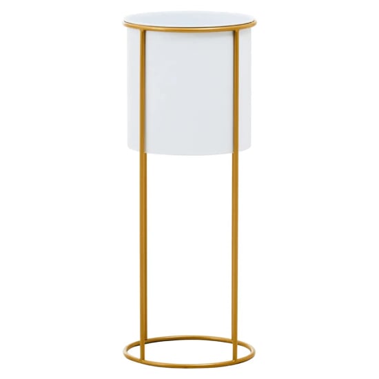 Tavira Large Metal Floor Standing Planter in White And Gold