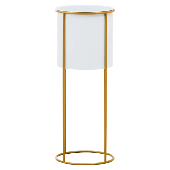 Tavira Large Metal Floor Standing Planter in White And Gold