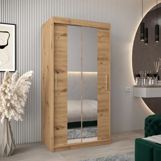 Tavira I Mirrored Wardrobe 2 Sliding Doors 100cm In Artisan Oak