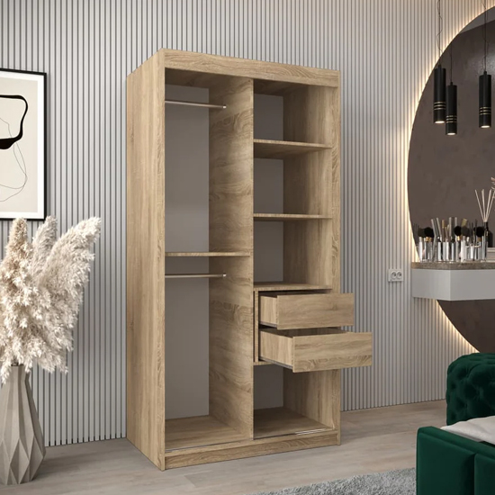 Tavira I Mirrored Wardrobe 2 Sliding Doors 100cm In Sonoma Oak