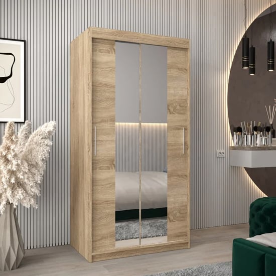 Product photograph of Tavira I Mirrored Wardrobe 2 Sliding Doors 100cm In Sonoma Oak from Furniture in Fashion