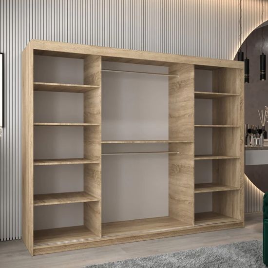 Tavira I Mirrored Wardrobe 3 Sliding Doors 250cm In Sonoma Oak