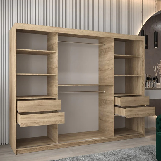 Tavira I Mirrored Wardrobe 3 Sliding Doors 250cm In Sonoma Oak