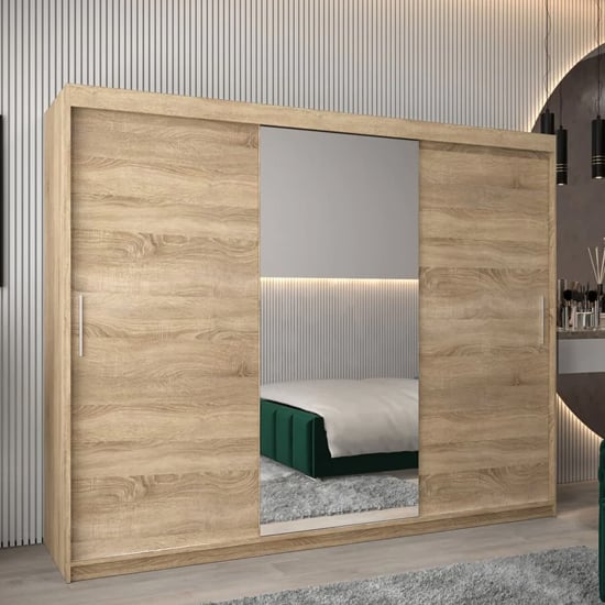 Product photograph of Tavira I Mirrored Wardrobe 3 Sliding Doors 250cm In Sonoma Oak from Furniture in Fashion