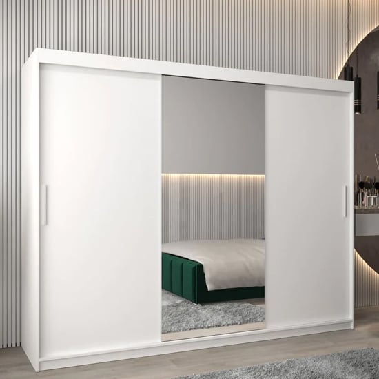 Product photograph of Tavira I Mirrored Wardrobe 3 Sliding Doors 250cm In White from Furniture in Fashion