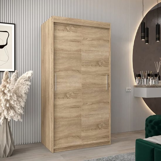Product photograph of Tavira Wooden Wardrobe 2 Sliding Doors 100cm In Sonoma Oak from Furniture in Fashion