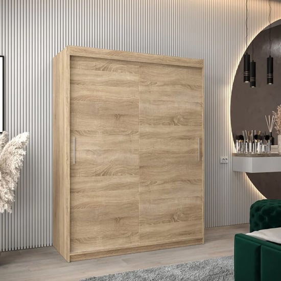 Product photograph of Tavira Wooden Wardrobe 2 Sliding Doors 150cm In Sonoma Oak from Furniture in Fashion