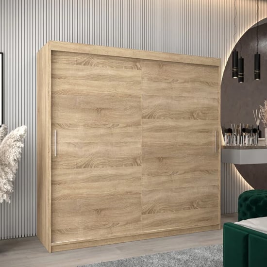 Product photograph of Tavira Wooden Wardrobe 2 Sliding Doors 200cm In Sonoma Oak from Furniture in Fashion