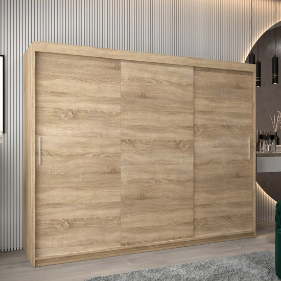 Product photograph of Tavira Wooden Wardrobe 3 Sliding Doors 250cm In Sonoma Oak from Furniture in Fashion