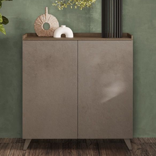 Read more about Tavira wooden storage cabinet 2 doors in dark oak and bronze