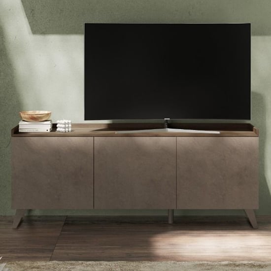 Read more about Tavira wooden tv stand with 3 doors in dark oak and bronze