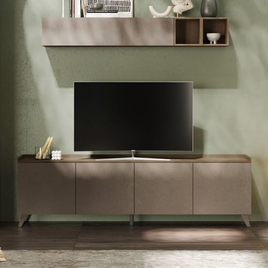 Read more about Tavira wooden tv stand with 4 doors in dark oak and bronze