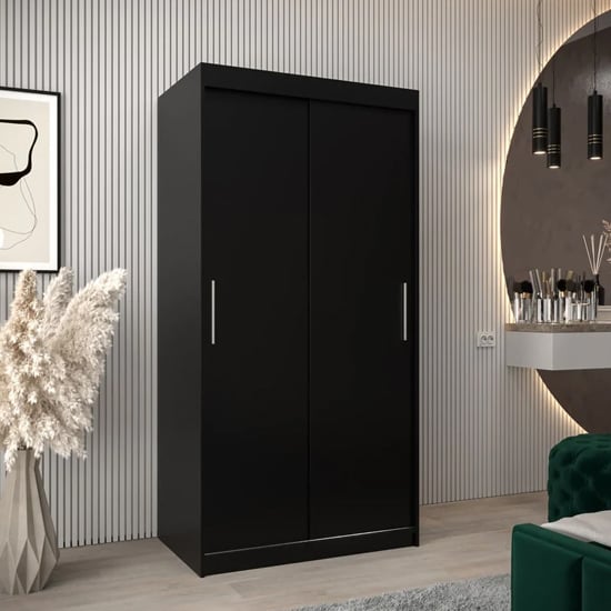 Product photograph of Tavira Wooden Wardrobe 2 Sliding Doors 100cm In Black from Furniture in Fashion