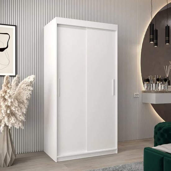 Product photograph of Tavira Wooden Wardrobe 2 Sliding Doors 100cm In White from Furniture in Fashion