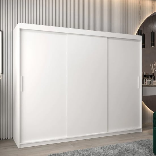 Product photograph of Tavira Wooden Wardrobe 3 Sliding Doors 250cm In White from Furniture in Fashion