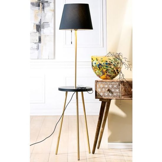 Tavolo Floor Lamp In Gold And Black With Wood Stand_1