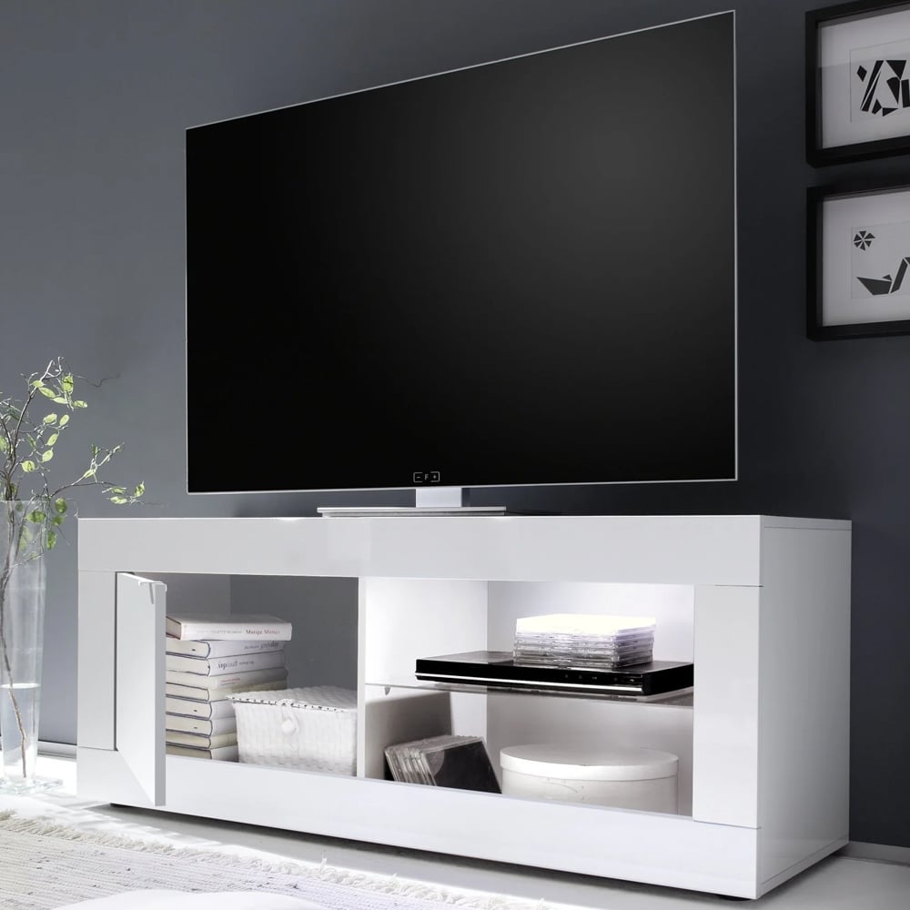 Taylor High Gloss TV Stand 1 Door In White With LED