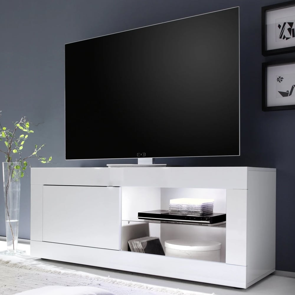 Taylor High Gloss TV Stand 1 Door In White With LED