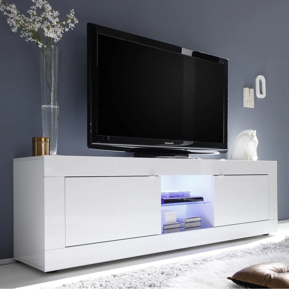 Taylor High Gloss TV Stand 2 Doors In White With LED