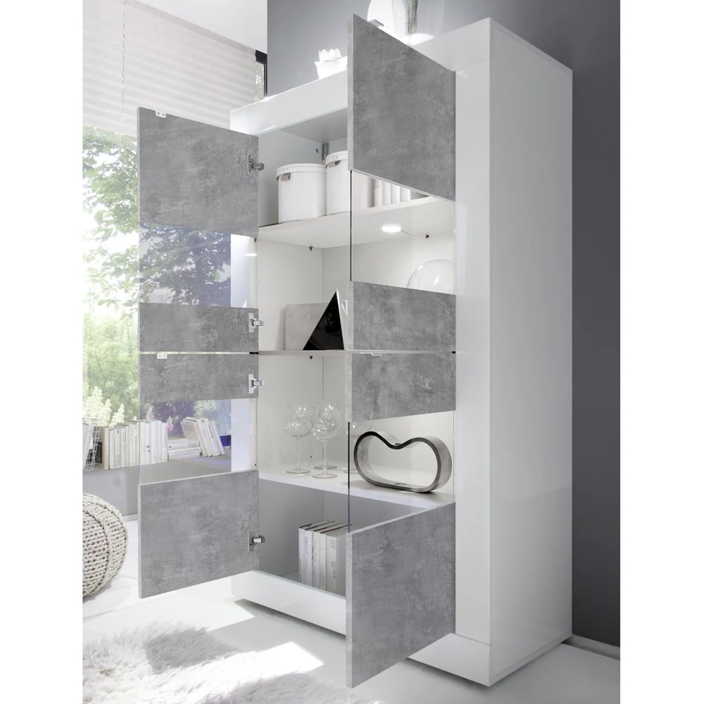 Taylor White Gloss Display Cabinet 4 Doors In Cement With LED