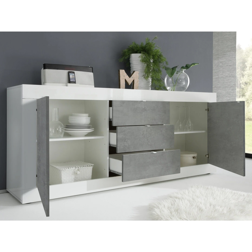 Taylor White Gloss Sideboard With 2 Doors 3 Drawers In Cement