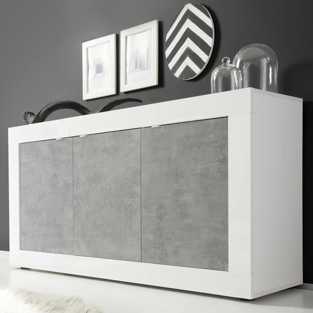 Taylor White Gloss Sideboard With 3 Doors In Cement