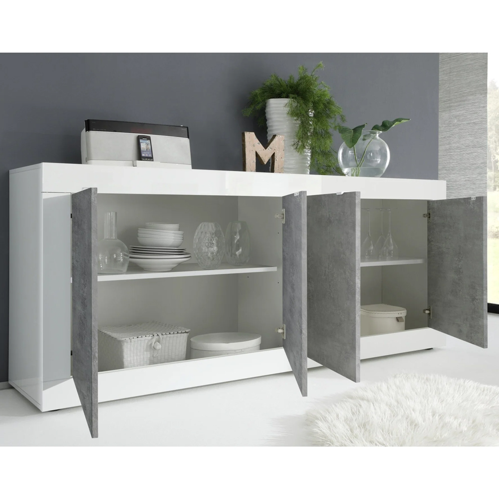 Taylor White Gloss Sideboard With 4 Doors In Cement