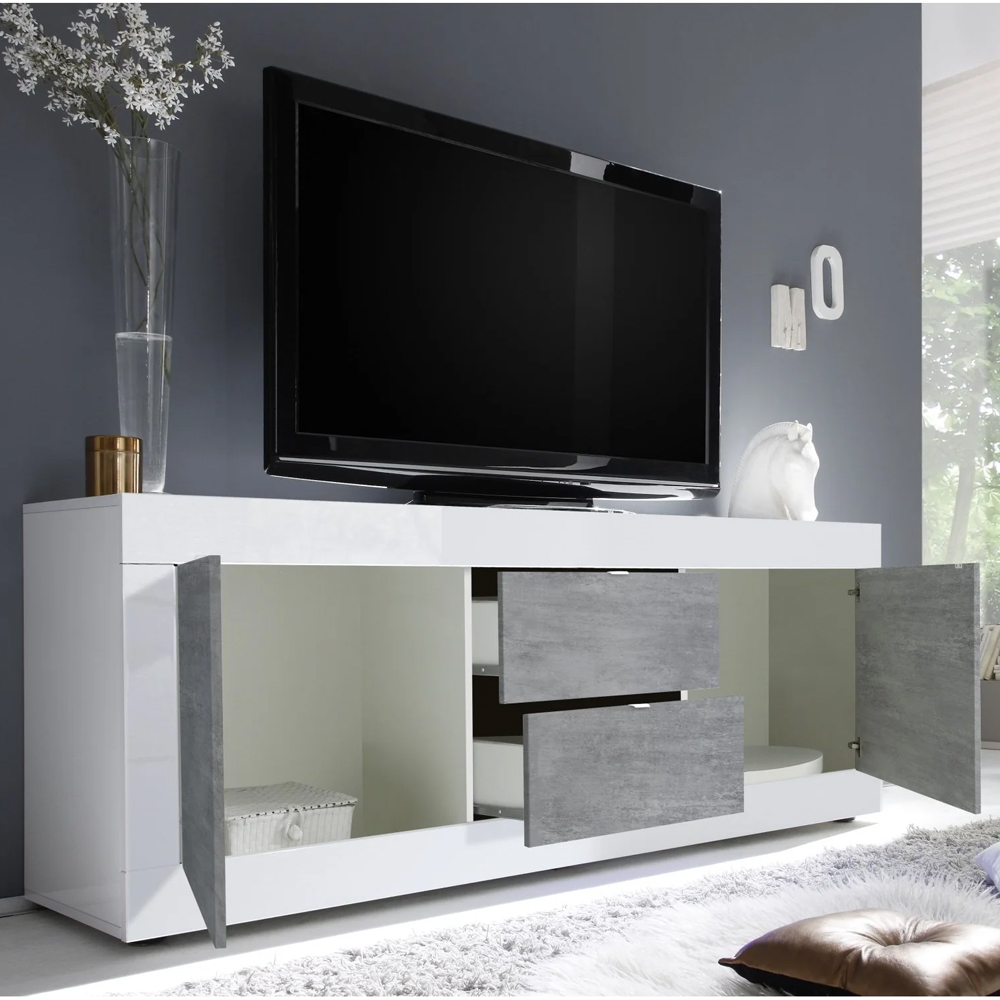 Taylor White High Gloss TV Sideboard With 2 Door 2 Drawer In Cement