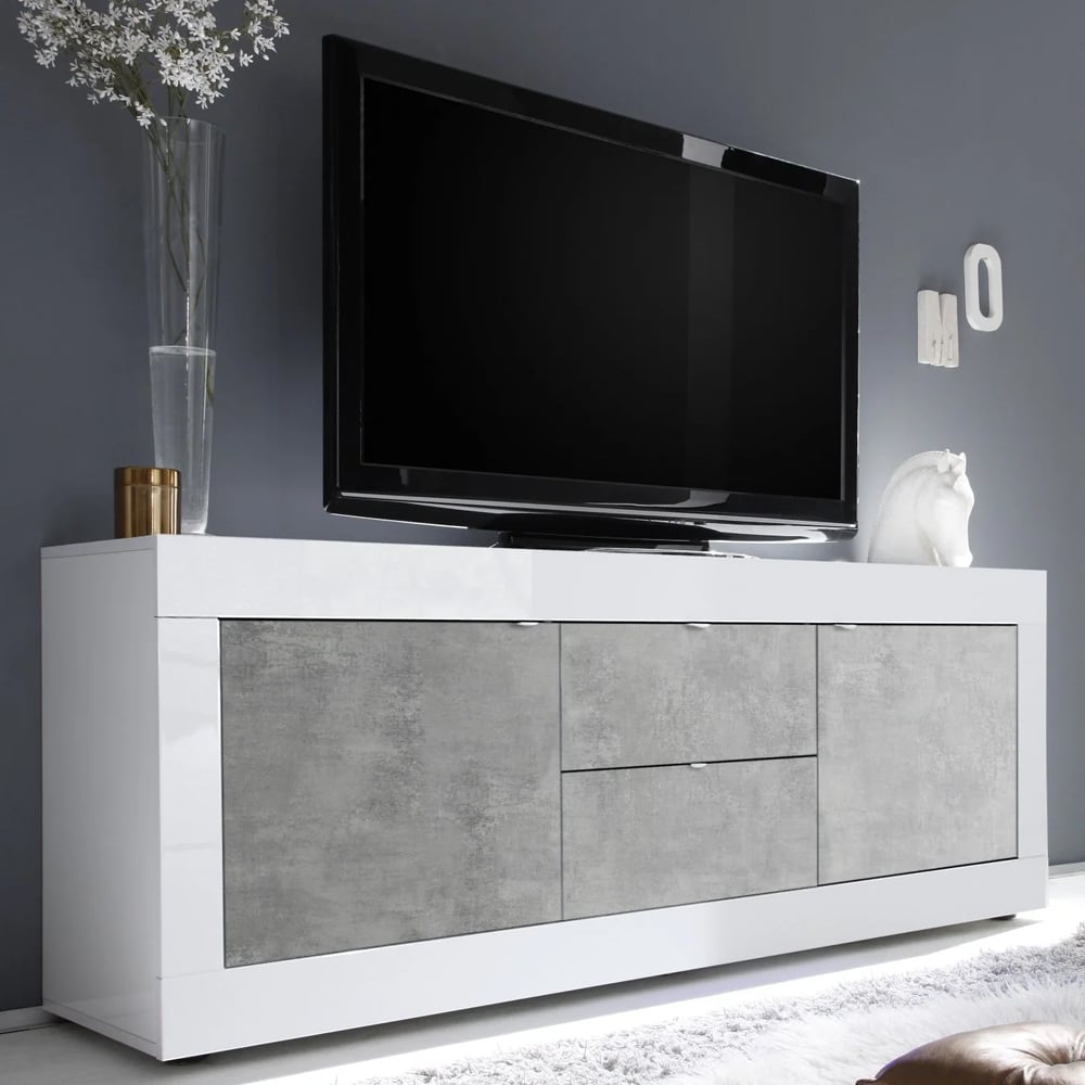 Taylor White Gloss TV Sideboard With 2 Door 2 Drawer In Cement