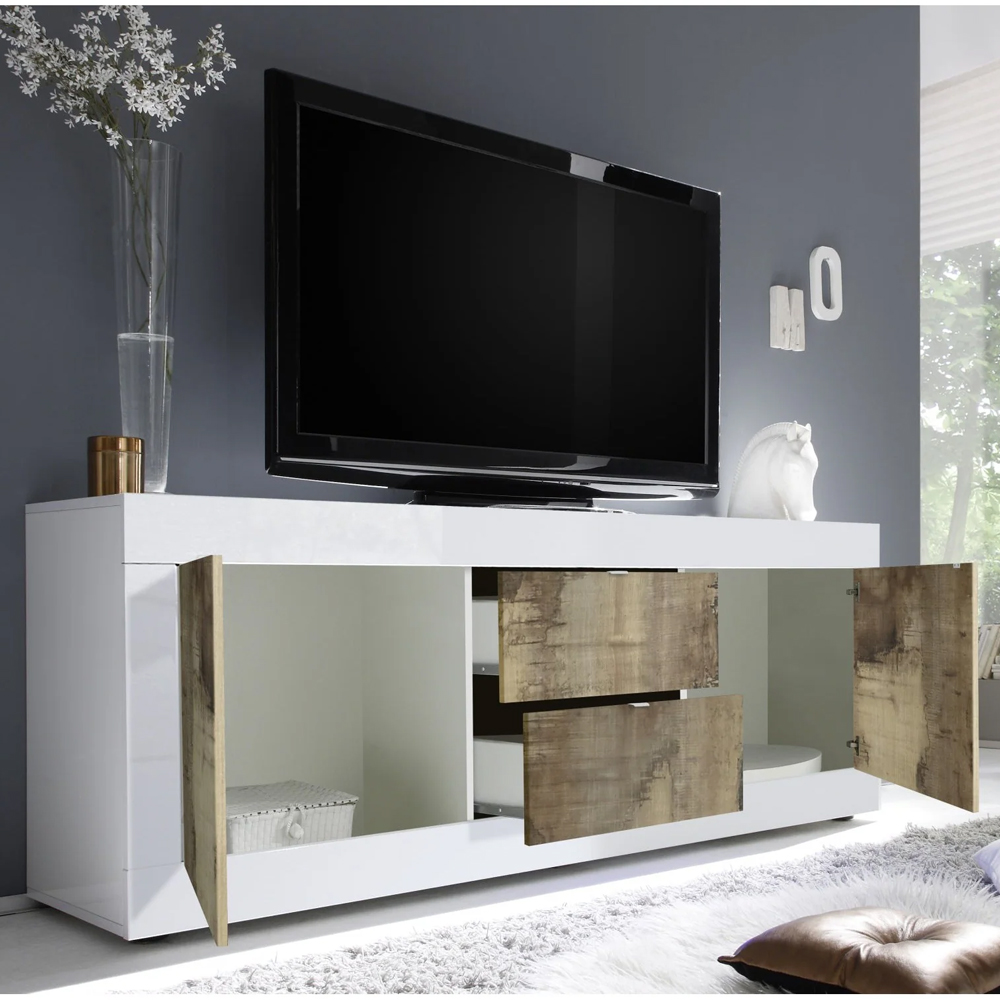 Taylor White Gloss TV Sideboard With 2 Door 2 Drawer In Pero